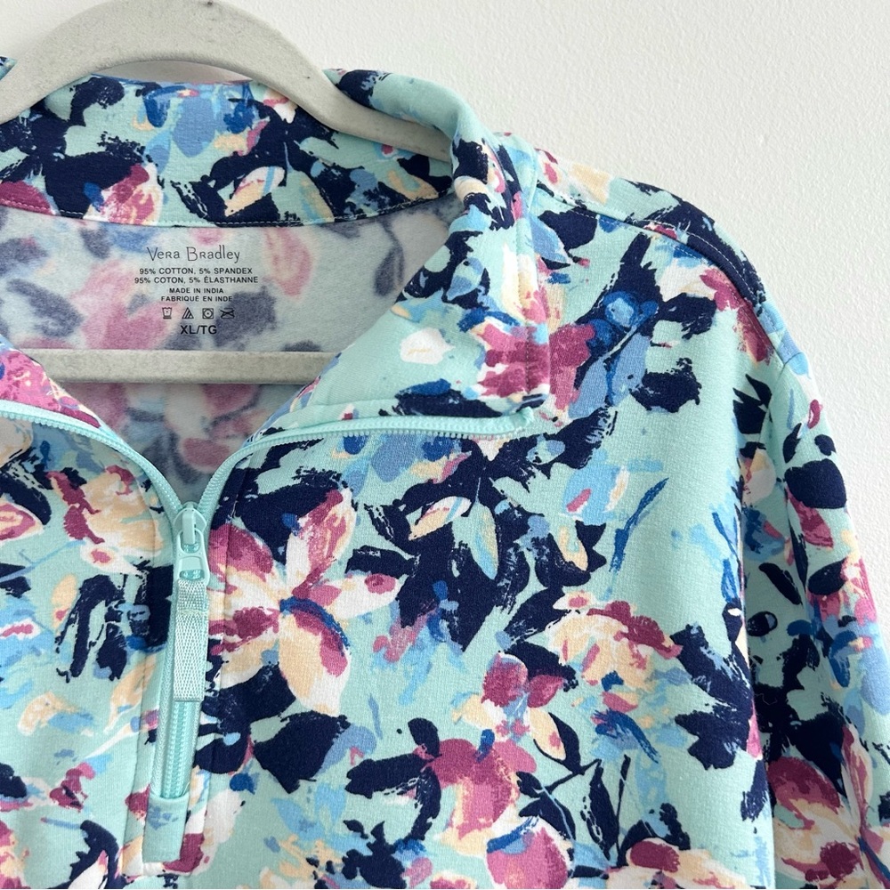 Vera Bradley French Terry Quarter-Zip Pullover in Blue and Pink Floral - X-Large - Picture 3 of 11